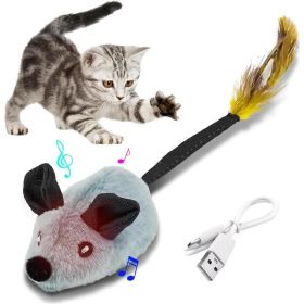 Interactive Cat Toys Mouse With LED Lights ForIndoor Cats USB Rechargeable Cat Mouse Toysfor Cats, Moving Automatic Chirping Squeakywith Feather (Color: Grey)